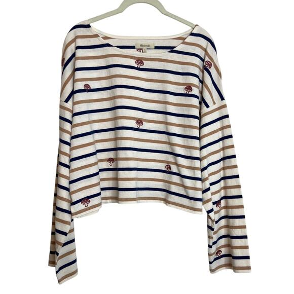 Madewell Tops - Madewell Striped Mushroom Embroidered Cropped Long Sleeve Tee XL Cream Navy Tan
